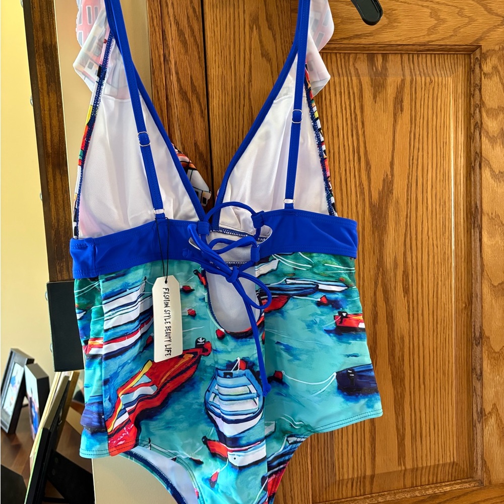 Blue and Red One Piece Swimwear with Nautical Theme - Picture 3 of 4